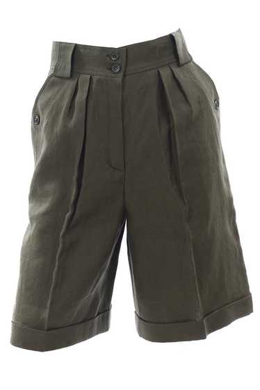 1980s Escada Army Green Linen High Waisted Shorts 