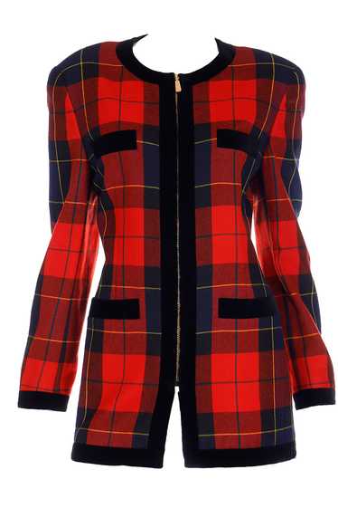 1980s Escada Margaretha Ley Red Plaid Wool Zip Fro