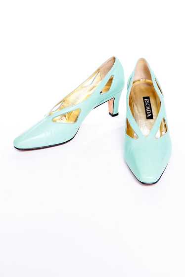 1980s Escada Mint Green Leather Cutout Shoes W Box