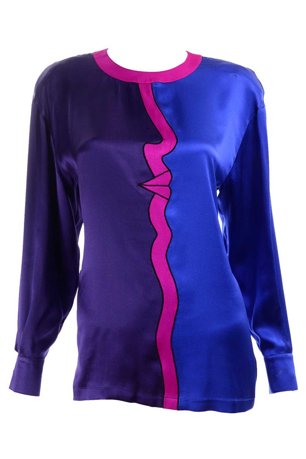1980s Escada Silk Blouse w Abstract Face in Purpl… - image 1