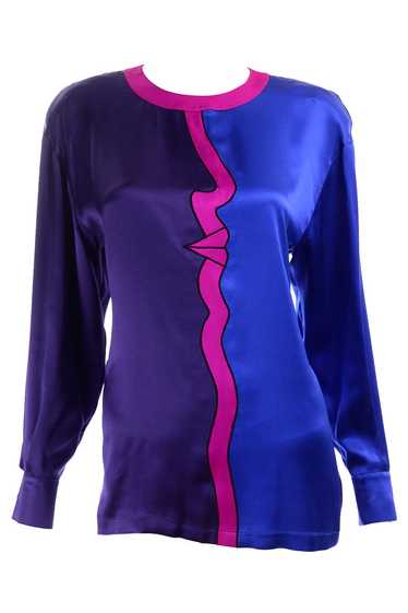 1980s Escada Silk Blouse w Abstract Face in Purple