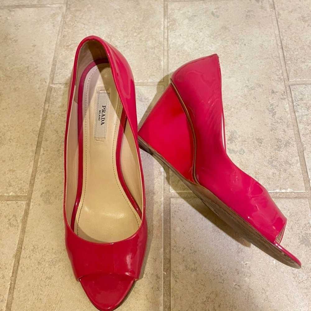 Prada Sport Pink Patent Leather Open Toe Wedges S… - image 2
