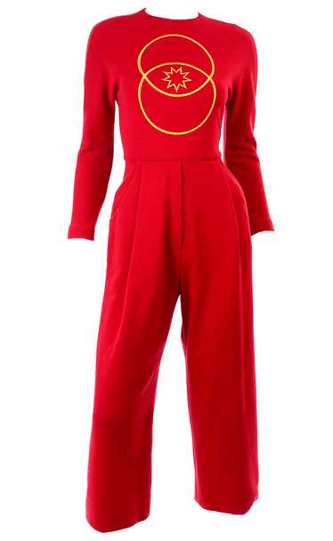 1980s Geoffrey Beene Red Jumpsuit With Gold Embroi