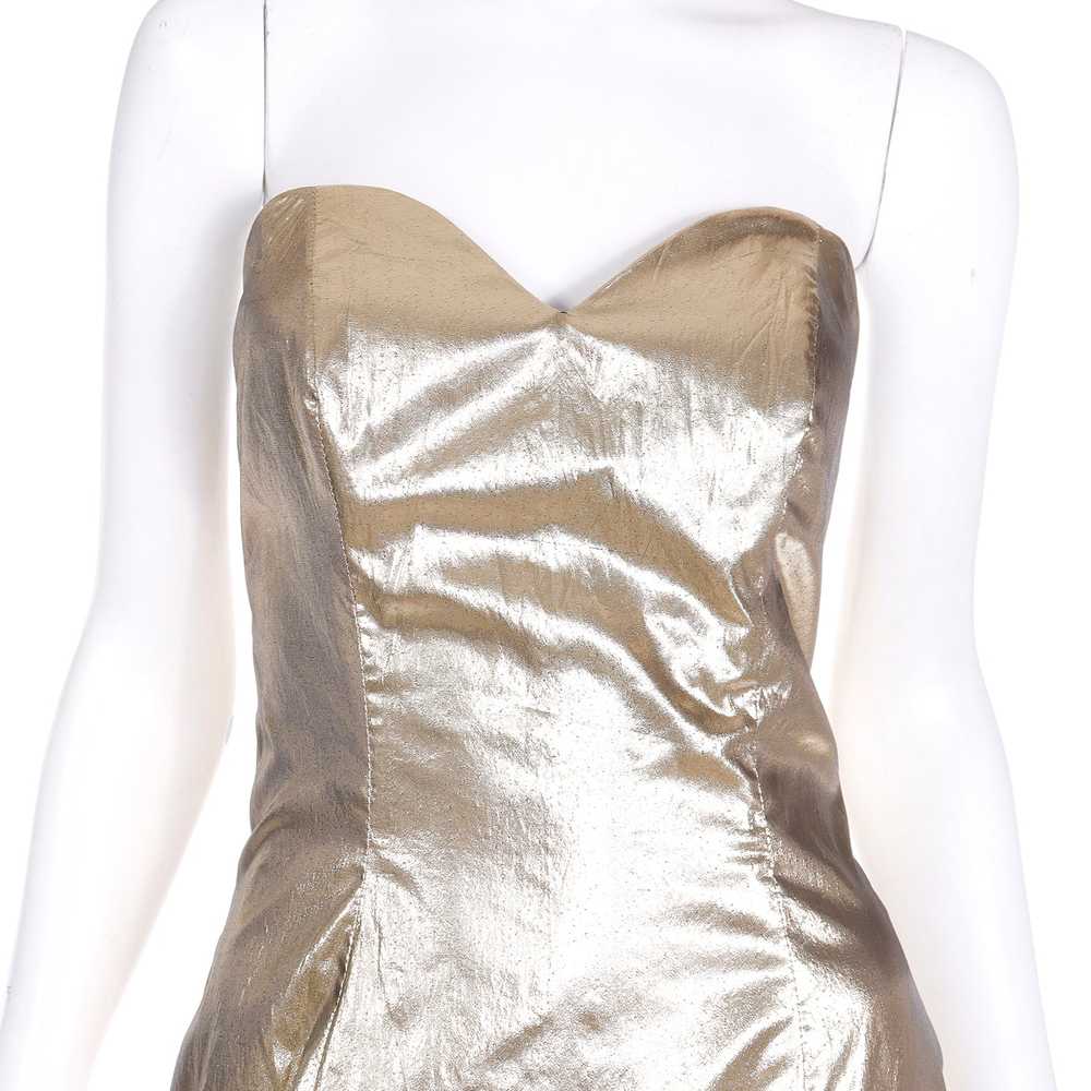 1980s Gold Lame Strapless Ruffled Evening Dress w… - image 10