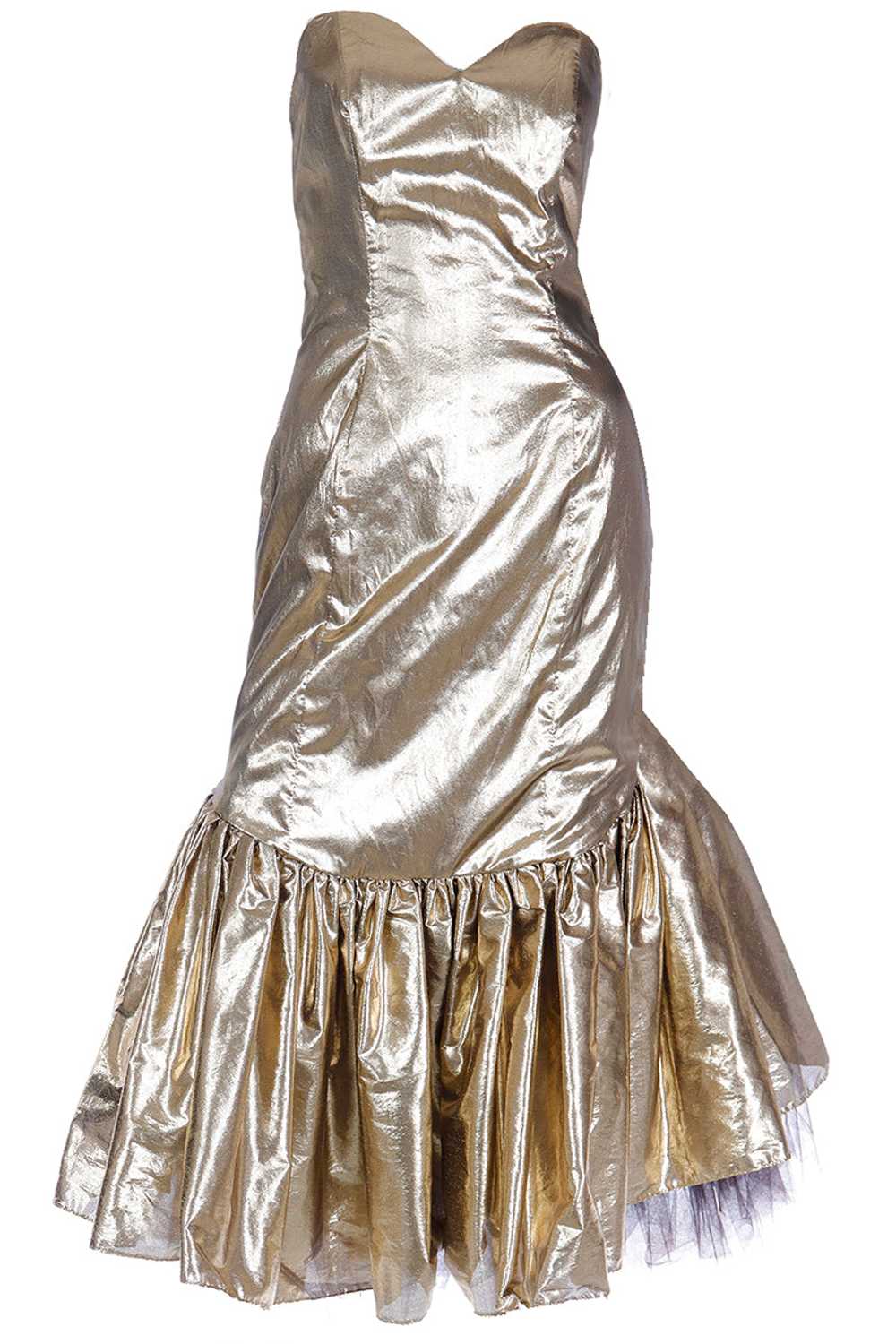 1980s Gold Lame Strapless Ruffled Evening Dress w… - image 1