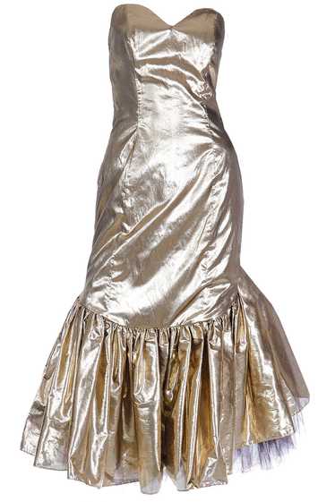 1980s Gold Lame Strapless Ruffled Evening Dress w 
