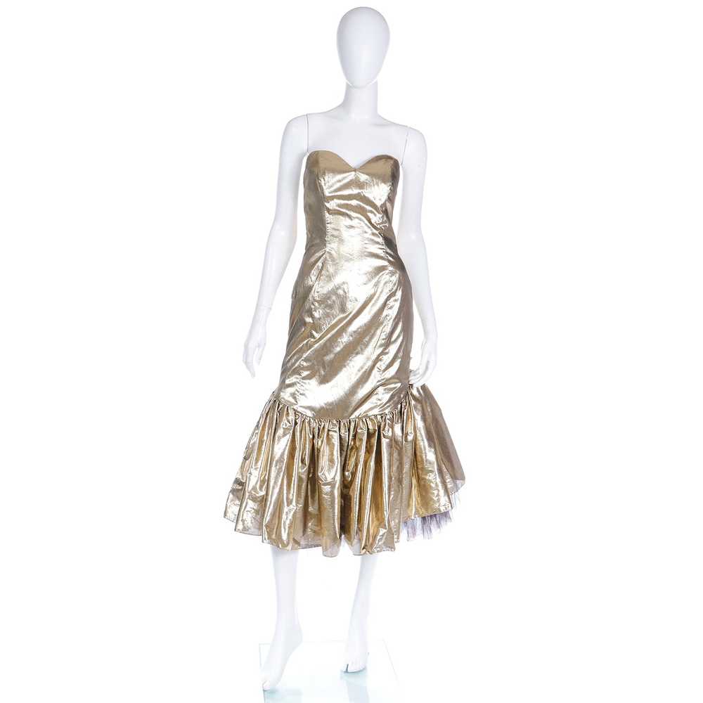 1980s Gold Lame Strapless Ruffled Evening Dress w… - image 6