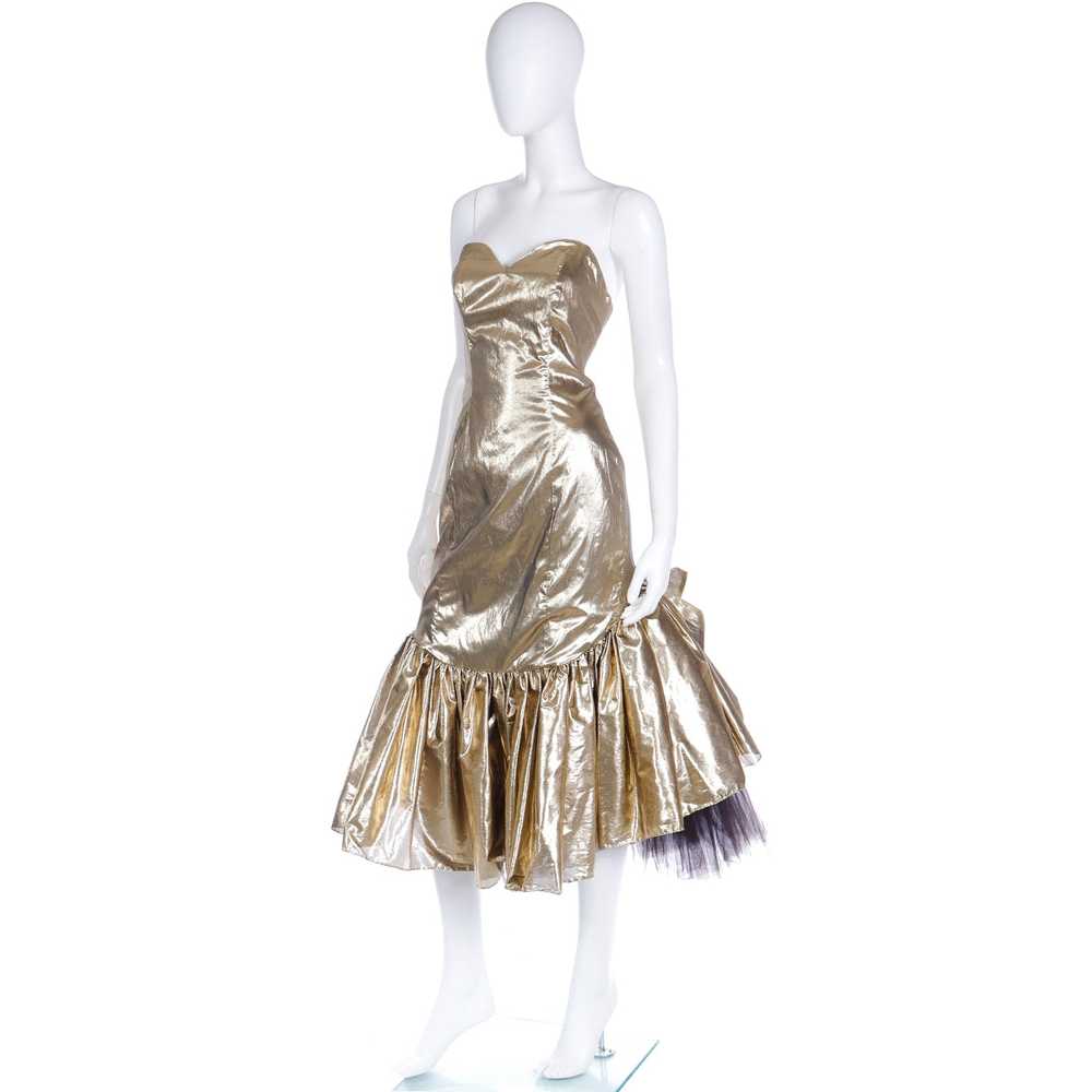 1980s Gold Lame Strapless Ruffled Evening Dress w… - image 7