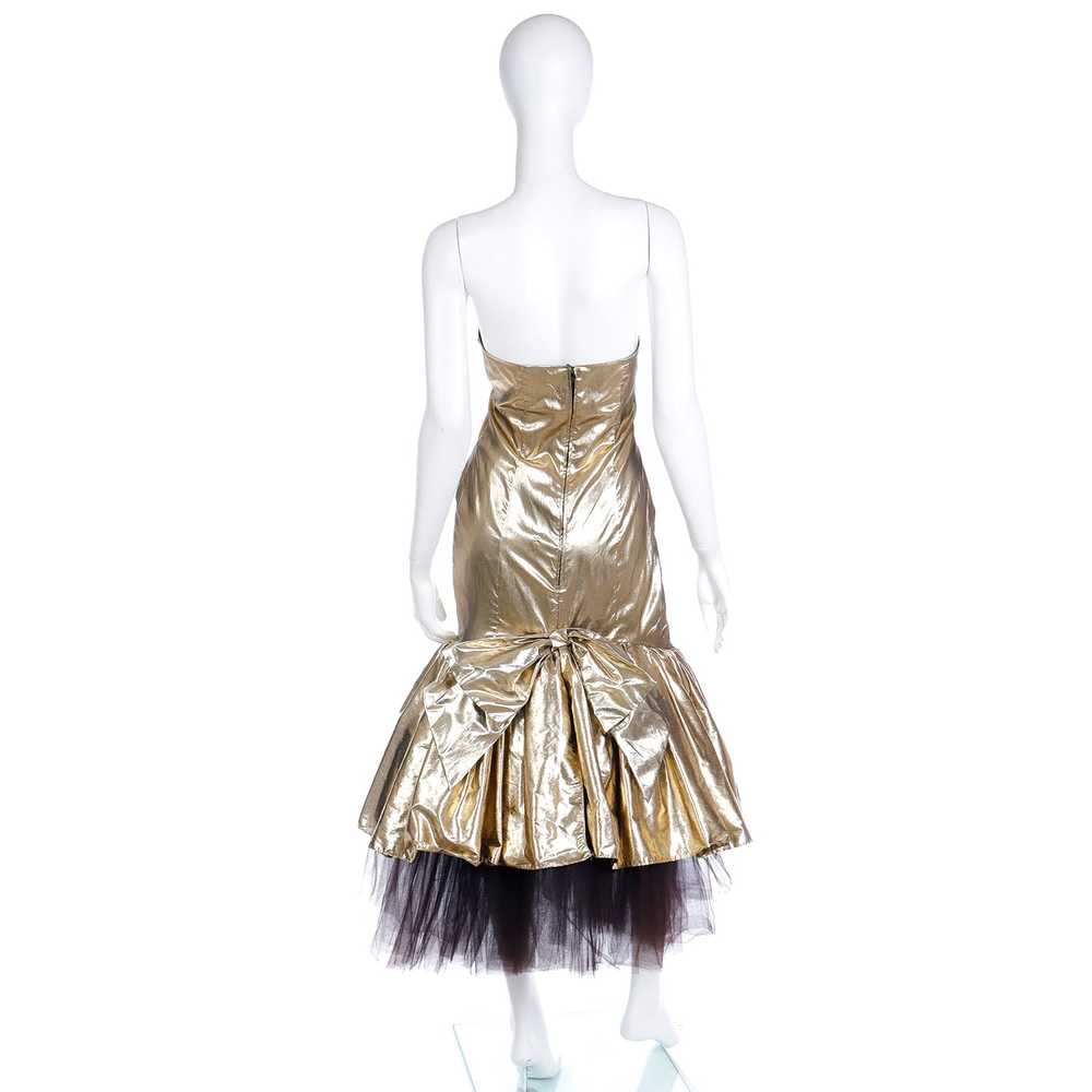 1980s Gold Lame Strapless Ruffled Evening Dress w… - image 8
