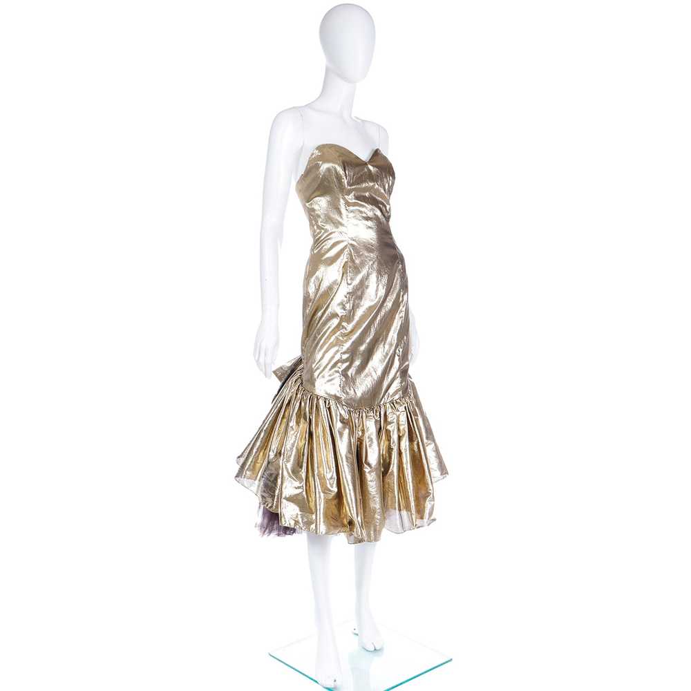 1980s Gold Lame Strapless Ruffled Evening Dress w… - image 9