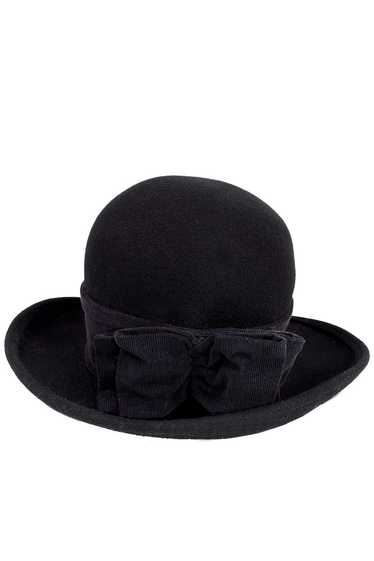 1980s Laura Ashley Black Wool Hat w/ Black Ribbed 