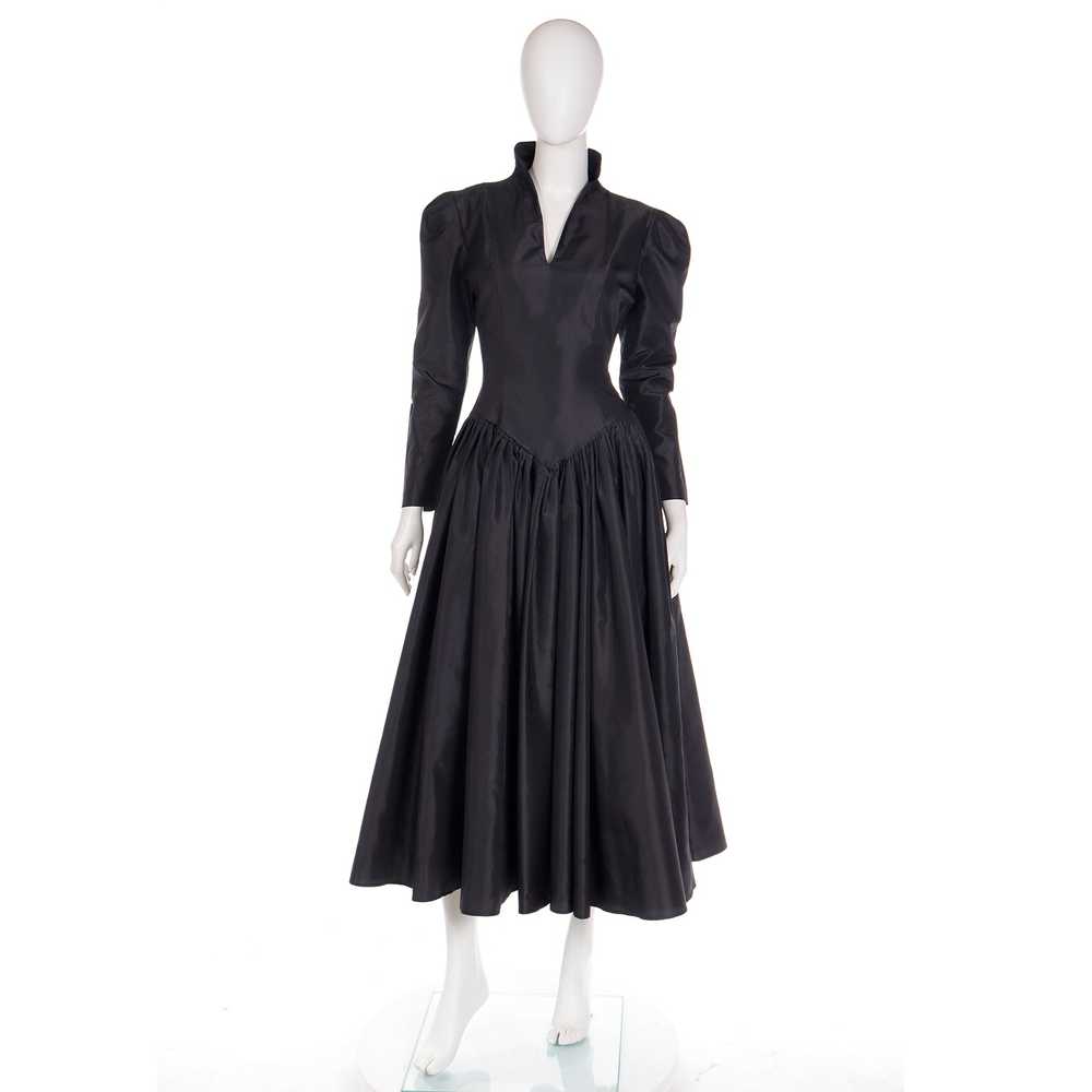 1980s Norma Kamali Black Taffeta Dress With Full … - image 2