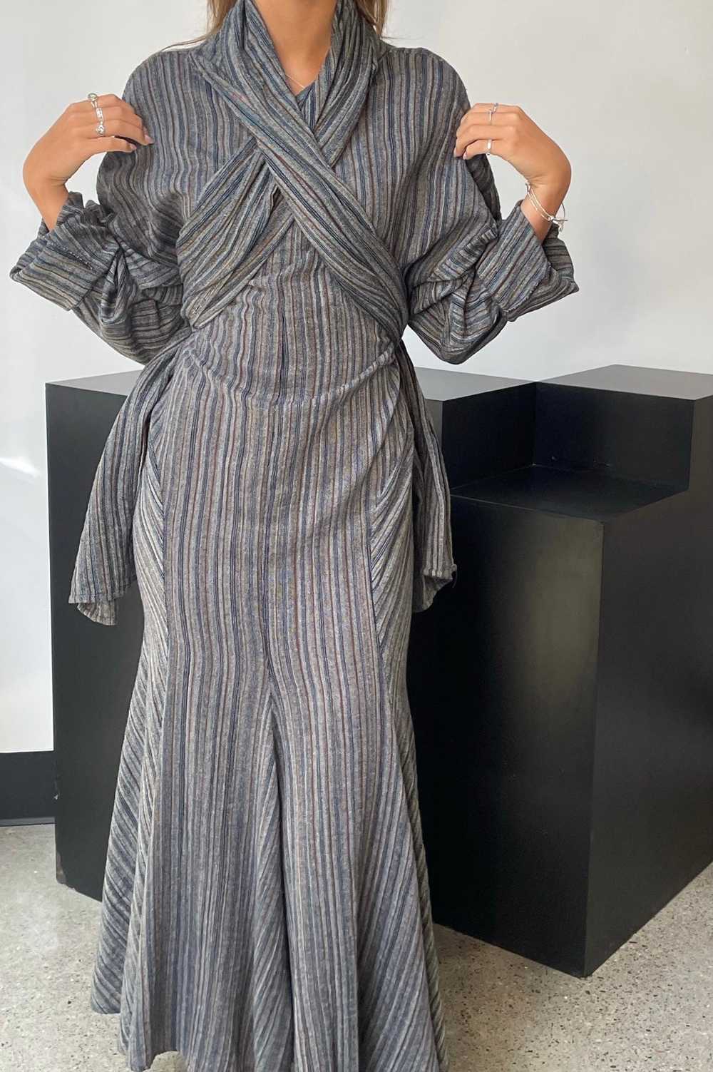 1980s Norma Kamali Gray Striped Vintage Dress w/ … - image 2