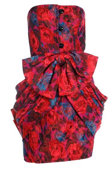 1980s Odicini Couture Red Floral Silk Strapless D… - image 1