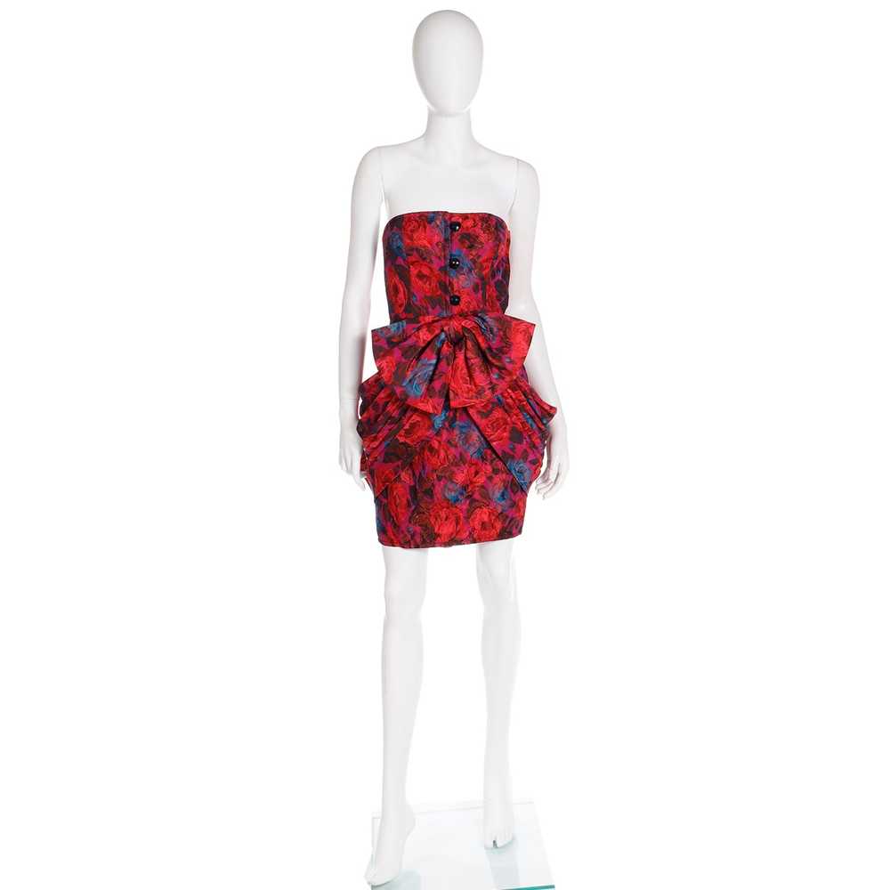 1980s Odicini Couture Red Floral Silk Strapless D… - image 2