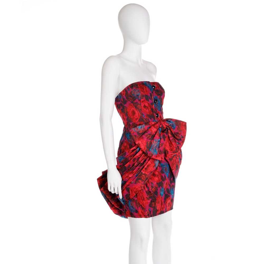 1980s Odicini Couture Red Floral Silk Strapless D… - image 3
