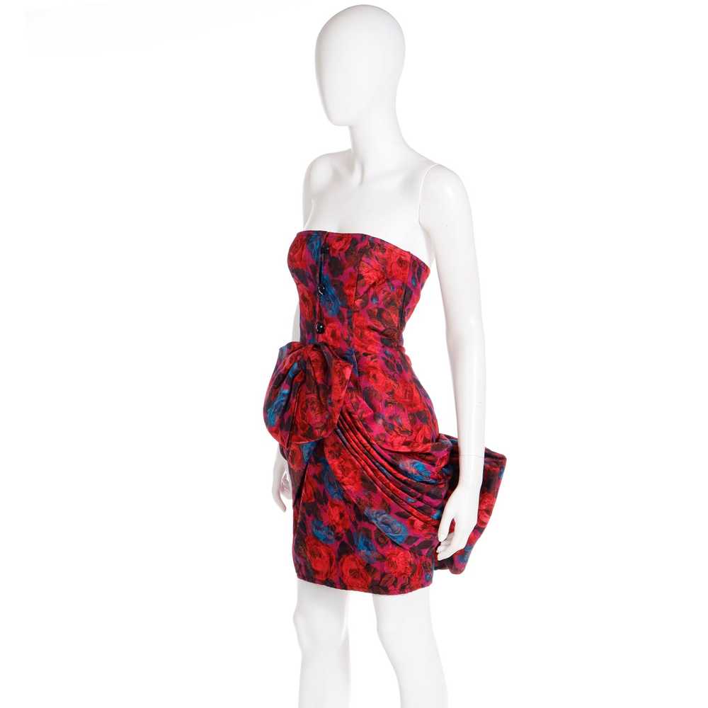 1980s Odicini Couture Red Floral Silk Strapless D… - image 5