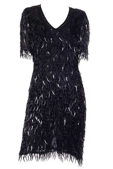 1980s Oleg Cassini Black Tie Beaded Black Dress Wi