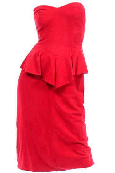 1980s Red Suede Vintage Vakko Strapless Dress with