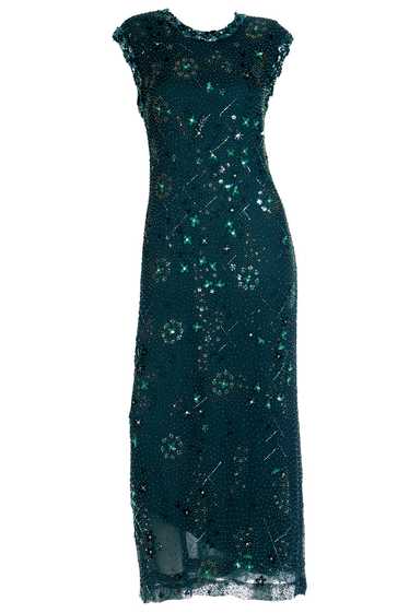 1980s Richilene Dark Green Long Dress Vintage Bead