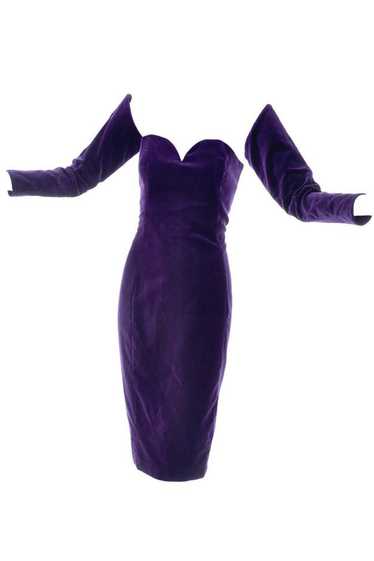 1980s Travilla Purple Velvet Strapless Dress w/ De