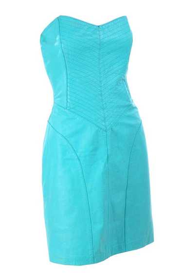 1980s Turquoise Leather Strapless Dress 4/6 - image 1
