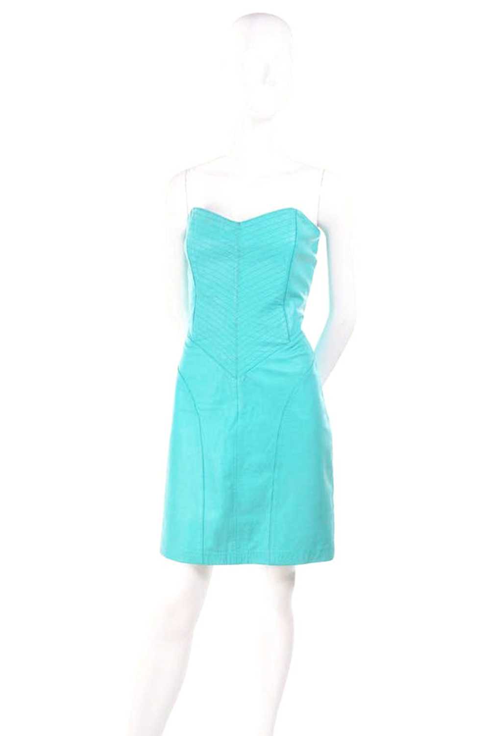 1980s Turquoise Leather Strapless Dress 4/6 - image 2
