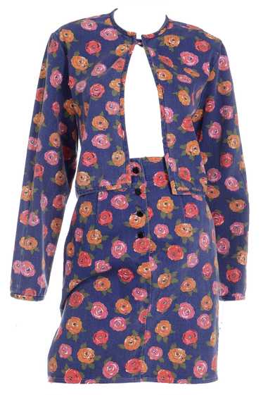 1980s Ungaro Floral Denim Jacket and Mini Skirt T… - image 1