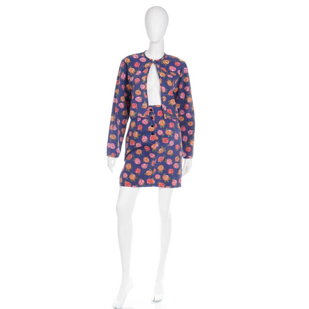 1980s Ungaro Floral Denim Jacket and Mini Skirt T… - image 2