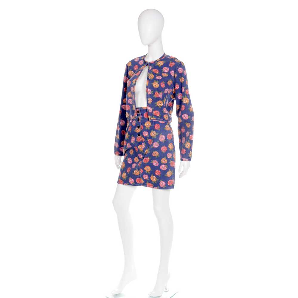 1980s Ungaro Floral Denim Jacket and Mini Skirt T… - image 5