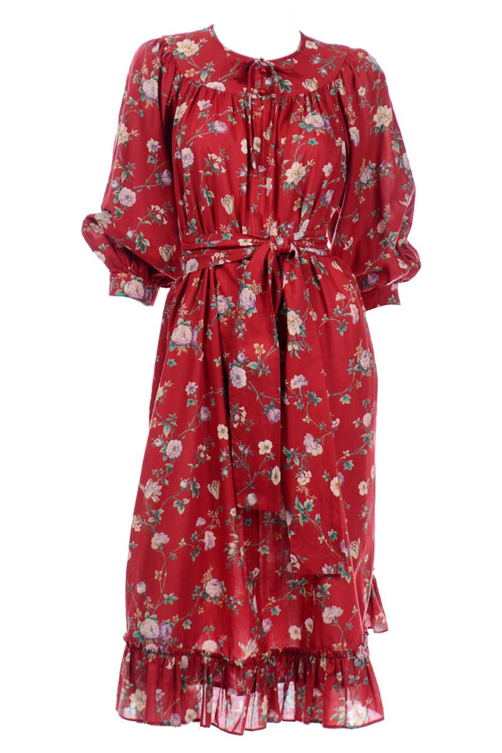 1980s Ungaro Red Floral Cotton Tent Dress w/ Ruff… - image 1