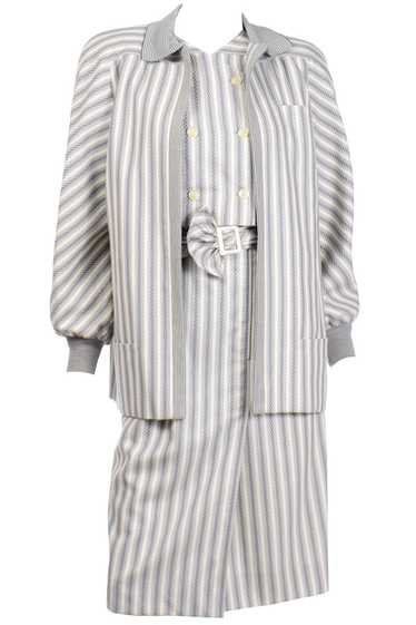 1980s Valentino Vintage Grey & Cream Striped Dress