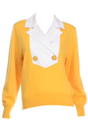 1980s Valentino Yellow Wool Sweater Top With White