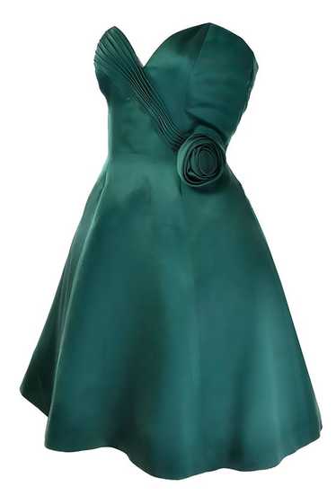 1980s Vicky Teal Couture Green Satin Strapless Dre