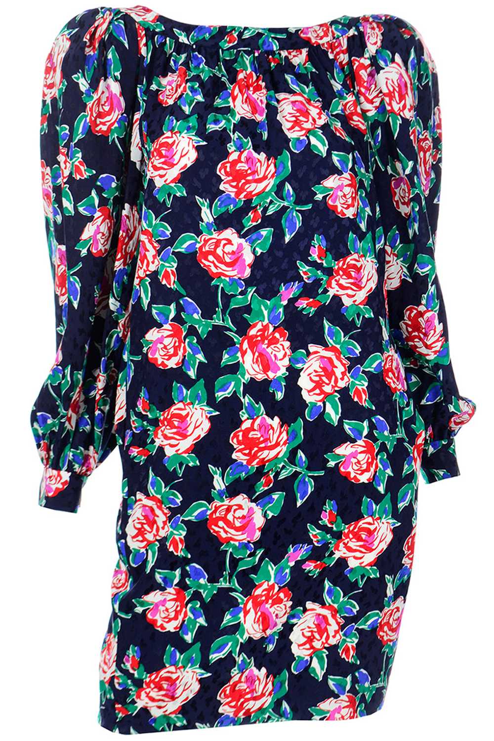 1980s Yves Saint Laurent Silk Rose Print Dress W … - image 1