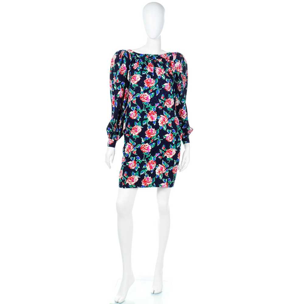 1980s Yves Saint Laurent Silk Rose Print Dress W … - image 2