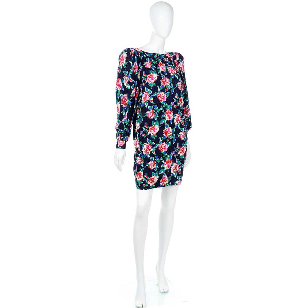 1980s Yves Saint Laurent Silk Rose Print Dress W … - image 3