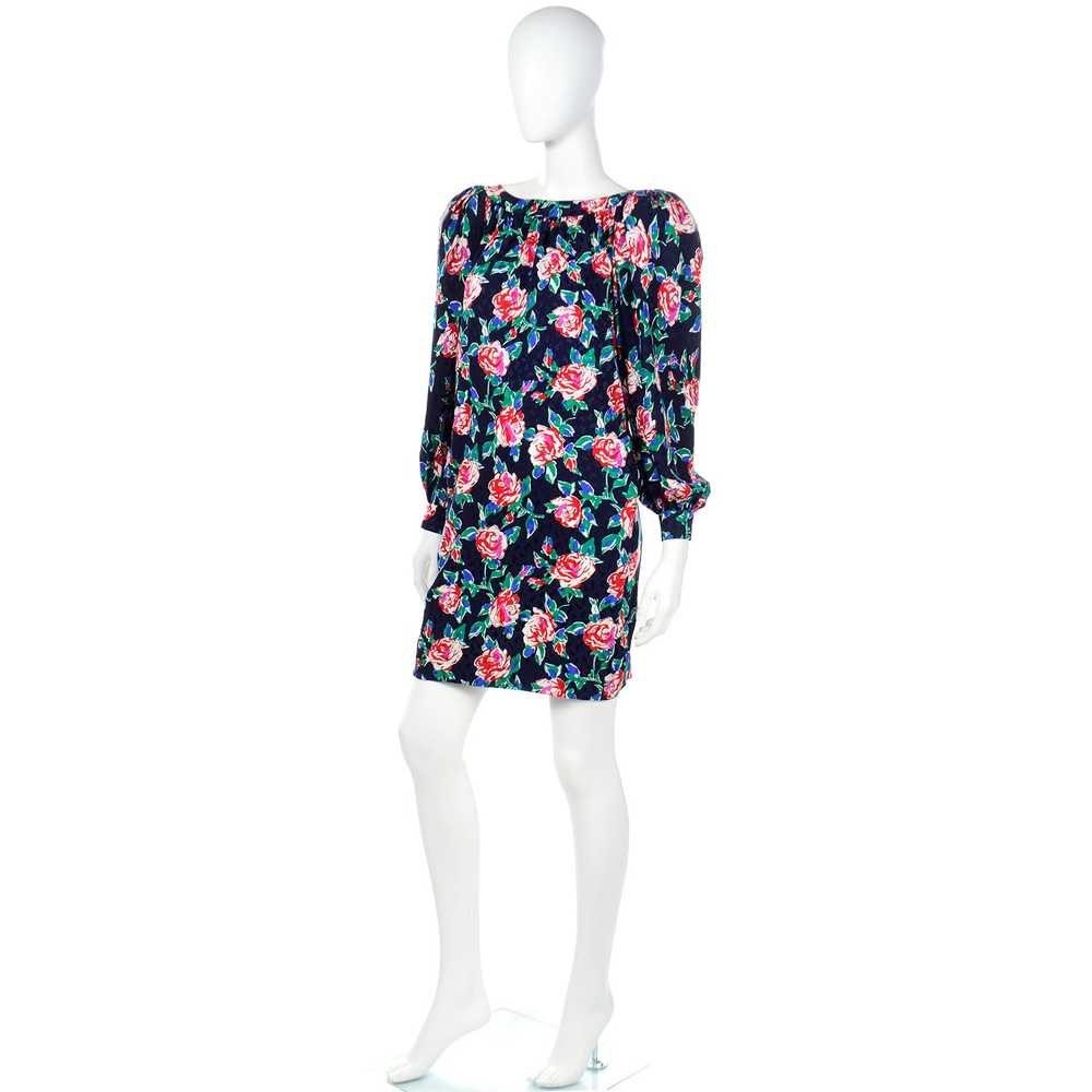1980s Yves Saint Laurent Silk Rose Print Dress W … - image 5