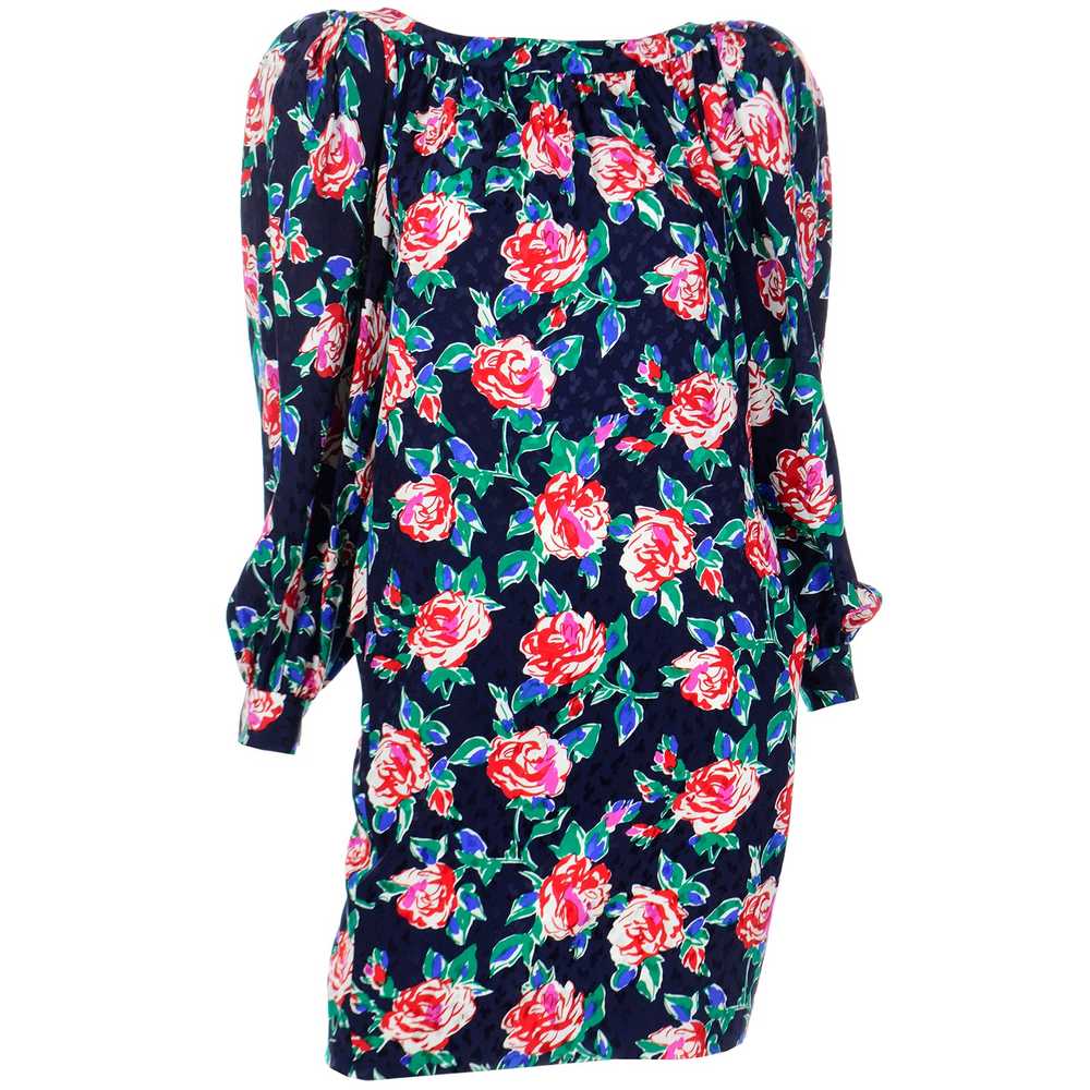 1980s Yves Saint Laurent Silk Rose Print Dress W … - image 6