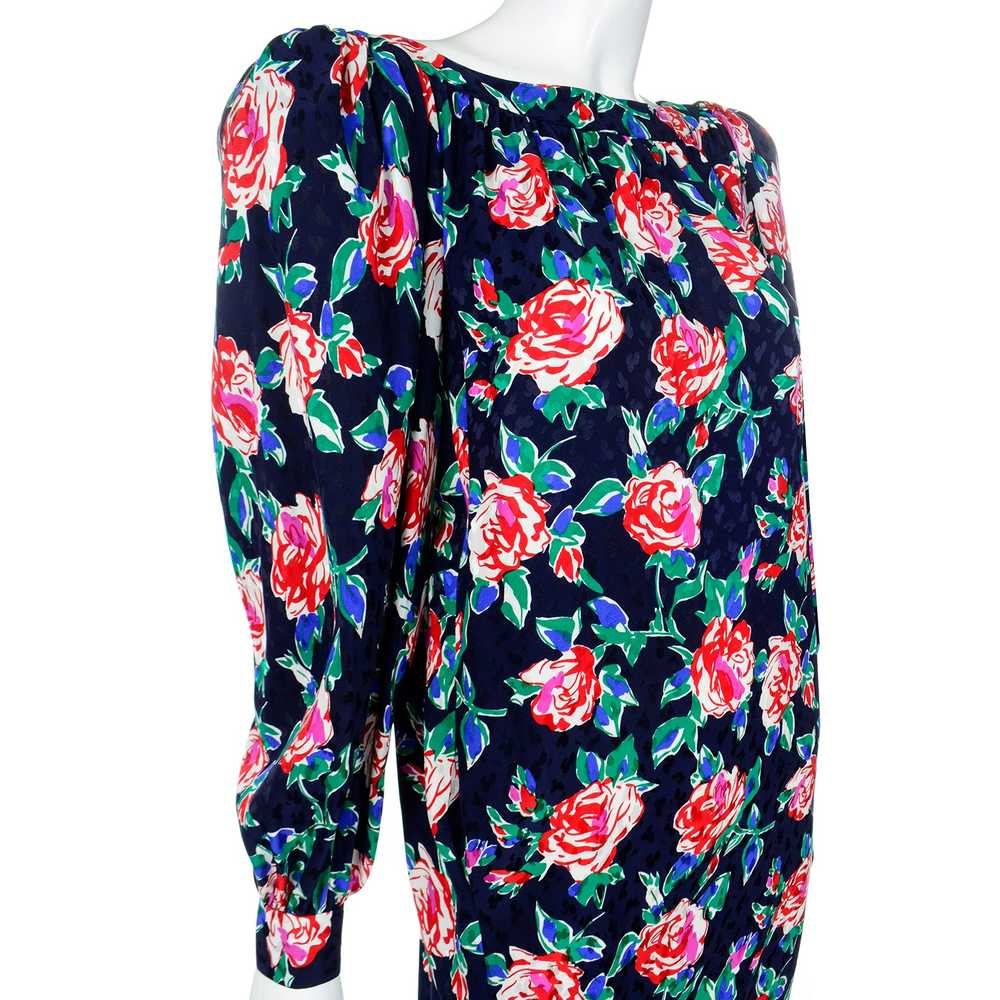 1980s Yves Saint Laurent Silk Rose Print Dress W … - image 7