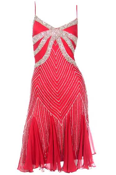 1990s Beaded Red Evening Dress W Rhinestones & Han