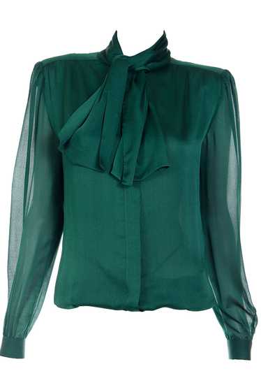 1990s Valentino Couture Green Silk Bow Blouse w Sh