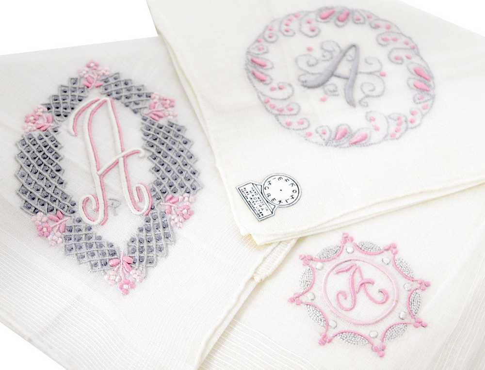 3 Vintage NEW A Monogrammed Handkerchiefs Madeira… - image 3