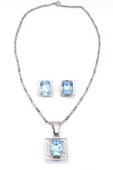 Art Deco Style Vintage Emerald Cut Blue Crystal Ne