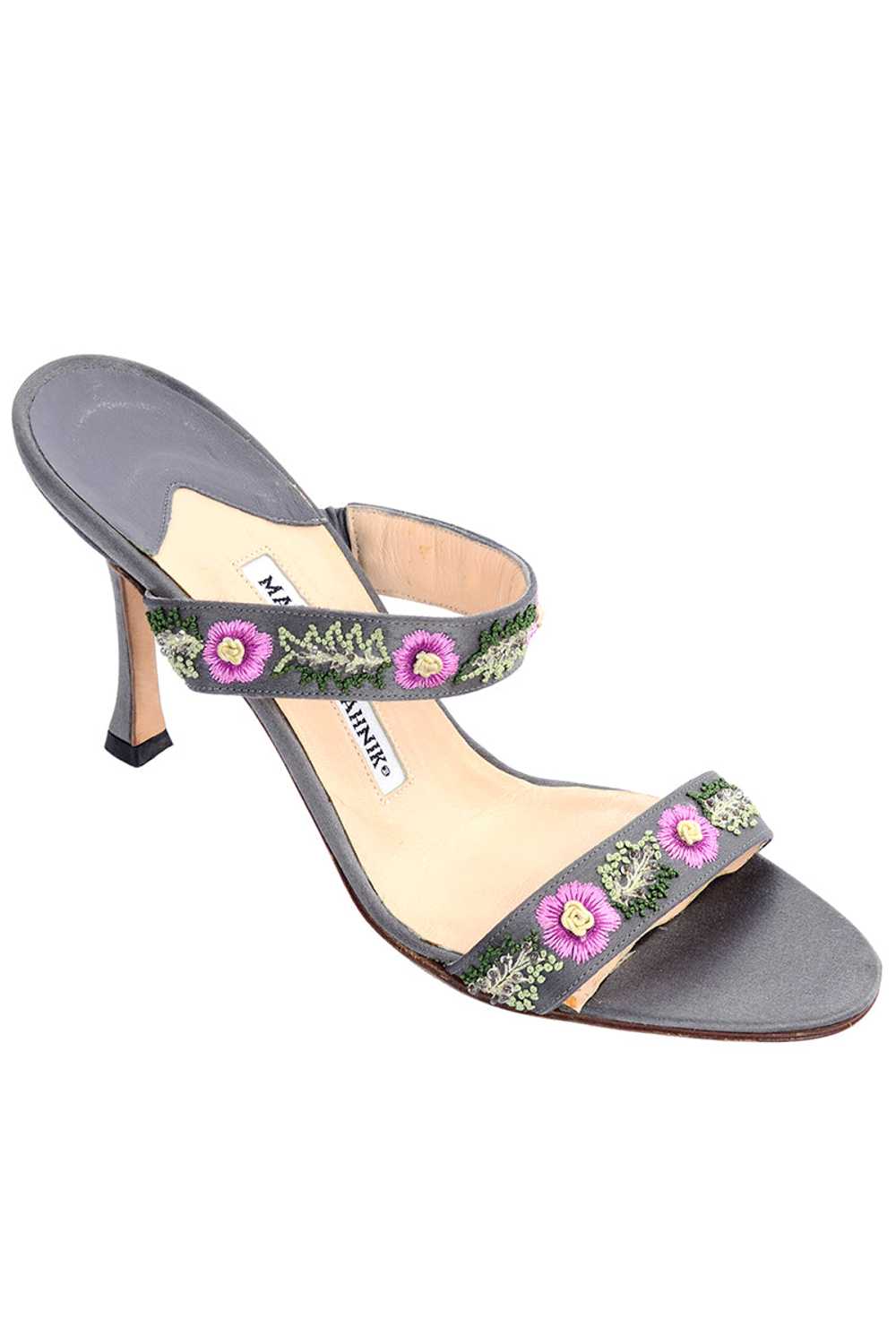 Manolo Blahnik Beaded Floral Slide Sandals w/ Pin… - image 1