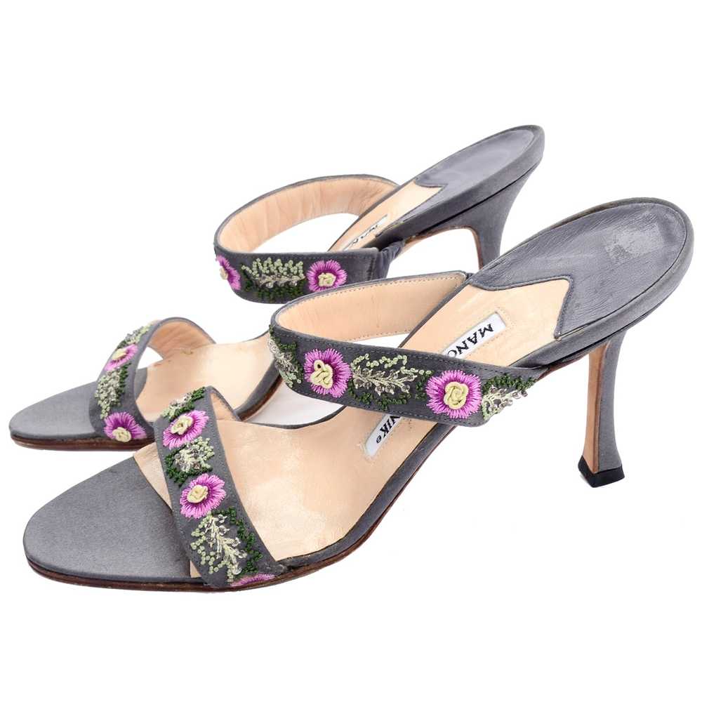Manolo Blahnik Beaded Floral Slide Sandals w/ Pin… - image 2