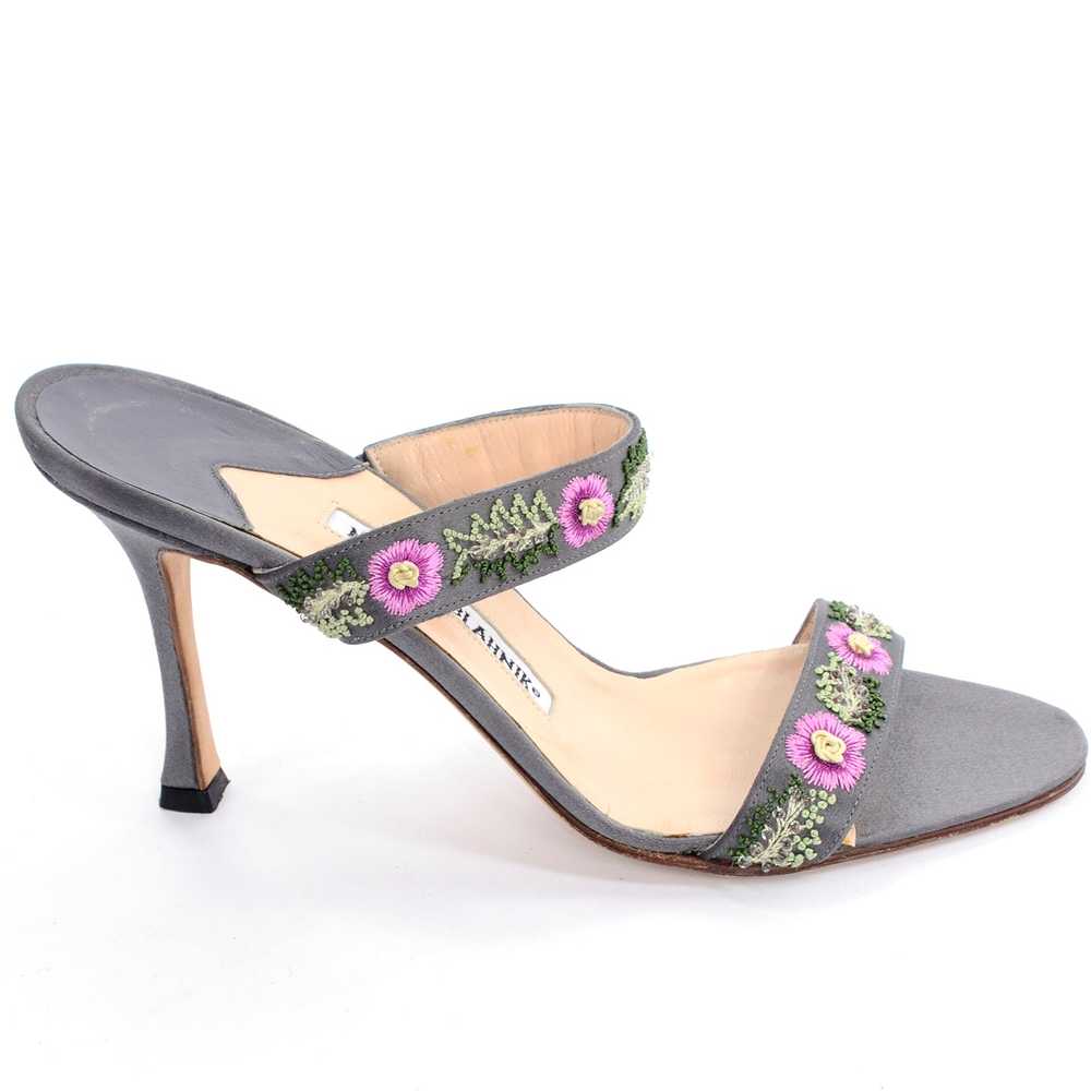 Manolo Blahnik Beaded Floral Slide Sandals w/ Pin… - image 3