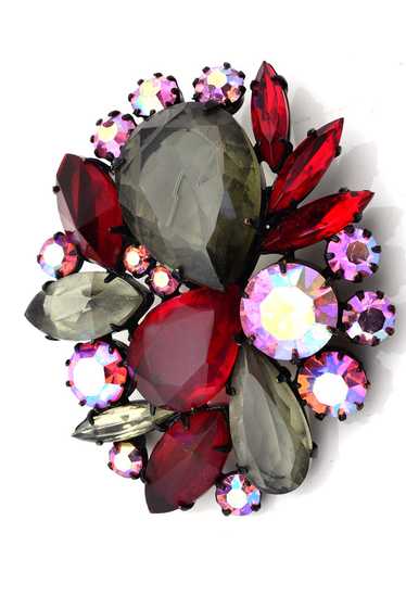 Open Back Vintage Brooch Red and Topaz Glass Stone