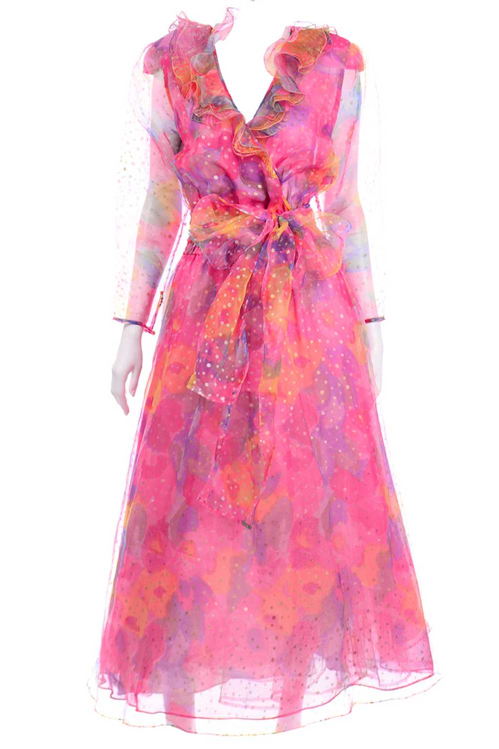 Pink Floral Polka Dot Ruffled Organza Diane Freis… - image 1