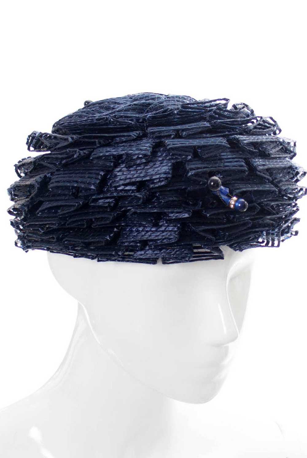Schiaparelli navy blue vintage ruffled straw hat - image 2